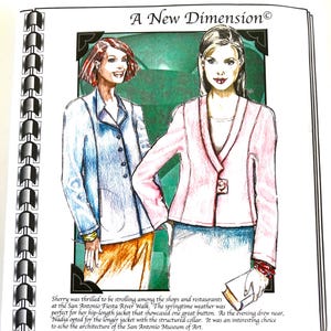 May include: A sewing pattern for a jacket, with two models wearing different versions of the jacket. The pattern is called "A New Dimension" and is from the Cutting Line Designs company. The pattern number is 11212 and the sizes are XS, SM, MD, LG, and XL.