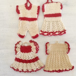 Vintage Potholders Hand Crocheted Christmas decoration hanging doll clothes Red and White