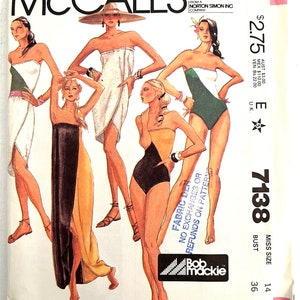 May include: McCall's pattern 7138 for a bathing suit. The pattern includes four different styles: a white strapless dress, a black and yellow strapless dress, a green and white one-piece swimsuit, and a black one-piece swimsuit. The pattern is for miss sizes 14 and bust 36.