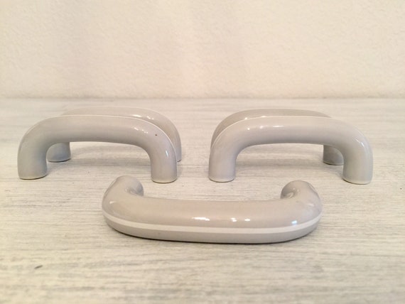 Vintage Drawer Pulls Gray And White Porcelain Cabinet Knobs Etsy