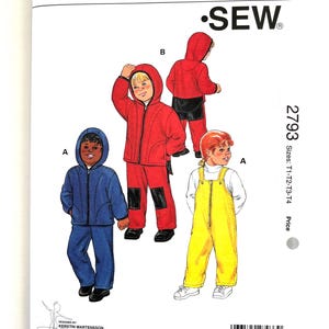 May include: Sewing pattern for children's clothing, featuring three different designs: a red hooded jacket and pants, a blue jacket and pants, and yellow overalls. The pattern is labeled "Kwik Sew" and includes the number "2793".