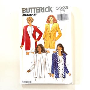 May include: A sewing pattern for a jacket, with four different styles. The pattern is for sizes 12-14-16. The pattern is called Butterick 5923 Fast & Easy.