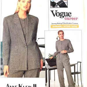 May include: A sewing pattern for a women's suit, featuring a blazer and pants. The pattern is from Vogue, and is labeled "career". The pattern is rated as "average/moins facile" in difficulty.