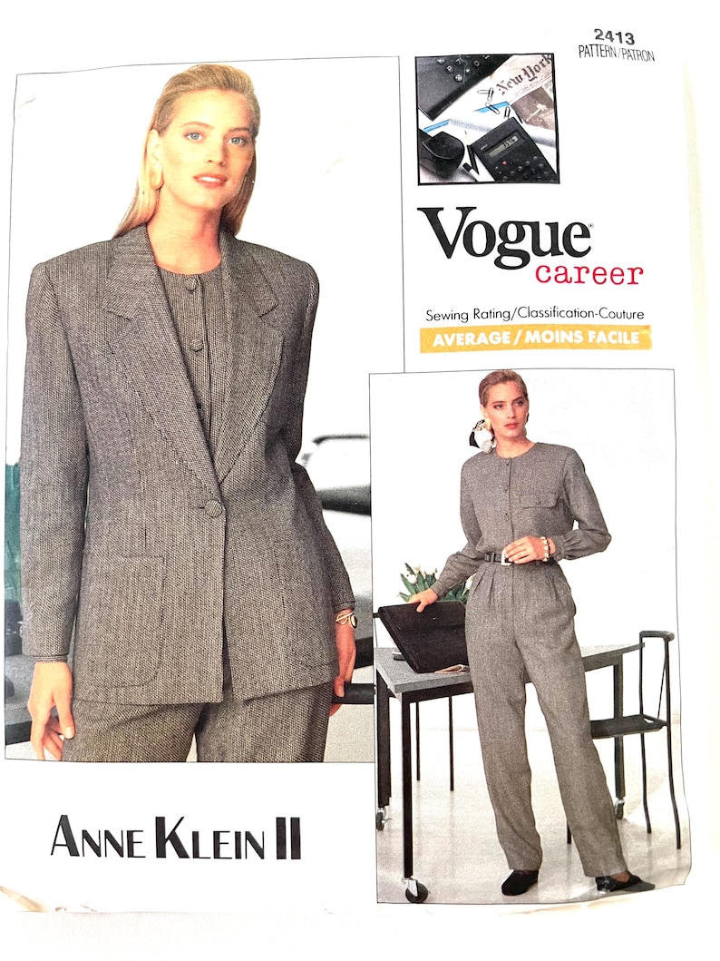 May include: A sewing pattern for a women's suit, featuring a blazer and pants. The pattern is from Vogue, and is labeled "career". The pattern is rated as "average/moins facile" in difficulty.