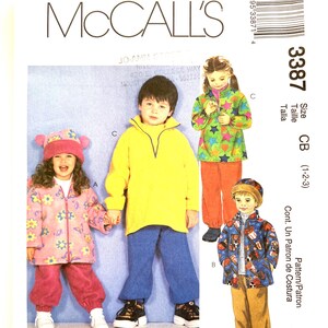 May include: McCall's sewing pattern for children's outerwear. The pattern features designs for jackets, pants, and hats. The image shows children wearing the finished garments in various colors and patterns. The pattern number is 3387.
