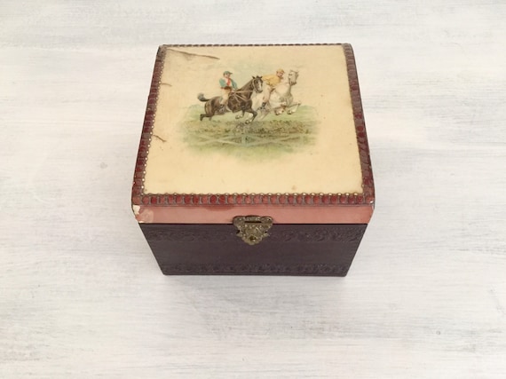 Victorian trinket box wood celluloid jumping horses antique storage box