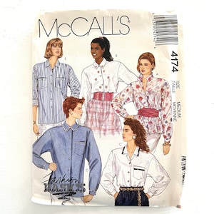 Womens Button Down Blouse Sewing Pattern McCall&#39;s 4174 Collar Shirt Size 14-16 uncut