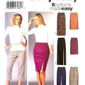 May include: Simplicity sewing pattern 5259 for 6 bottoms, sizes 16-22. The pattern includes a variety of styles, including a skirt with a side slit, a pair of pants, and a pair of capris. The pattern is designed by Karen Z.
