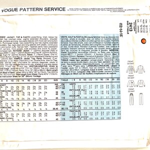 May include: A sewing pattern for a jacket, top, and pants. The pattern includes instructions and measurements for sizes 6 to 22. The pattern is printed on a white background with blue and black text.