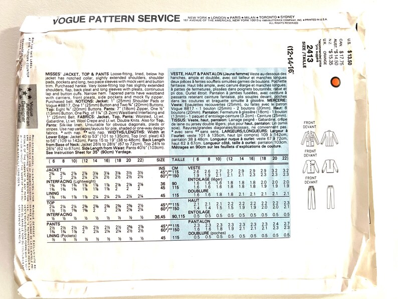 May include: A sewing pattern for a jacket, top, and pants. The pattern includes instructions and measurements for sizes 6 to 22. The pattern is printed on a white background with blue and black text.