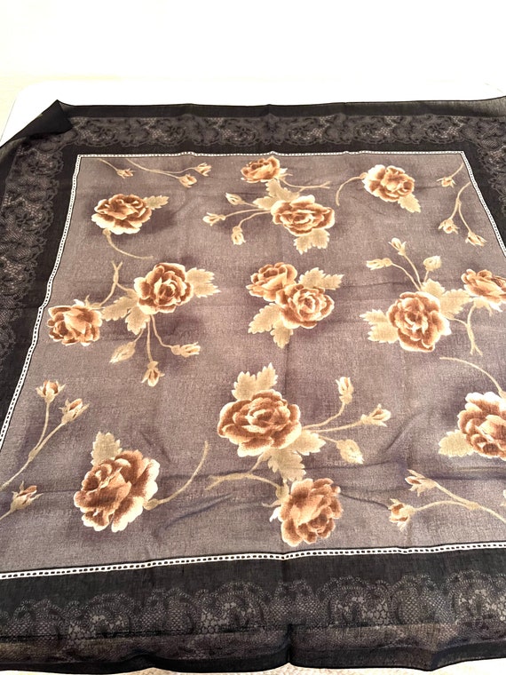 Vintage Scarf with Gold Plated Scarf Clip, Roses … - image 2