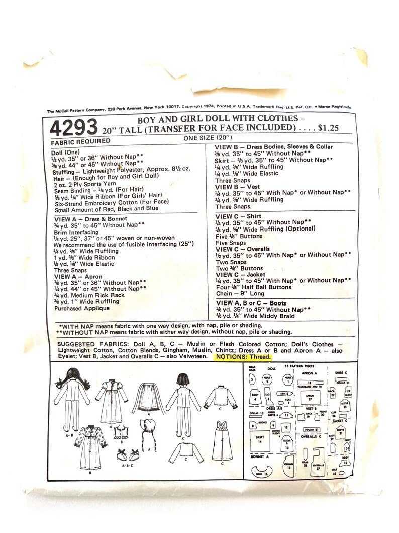 Vintage Mccalls 4293 Sewing Pattern Boy Girl Doll Clothes Uncut - Etsy