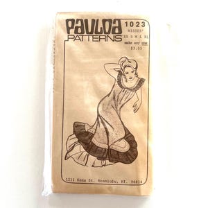 May include: A vintage sewing pattern for a dress, featuring a woman in a long, flowing gown with a ruffled hem. The pattern is from Pauloa Patterns and is for sizes XS to XL. The pattern number is 1023 and the price is $3.55.