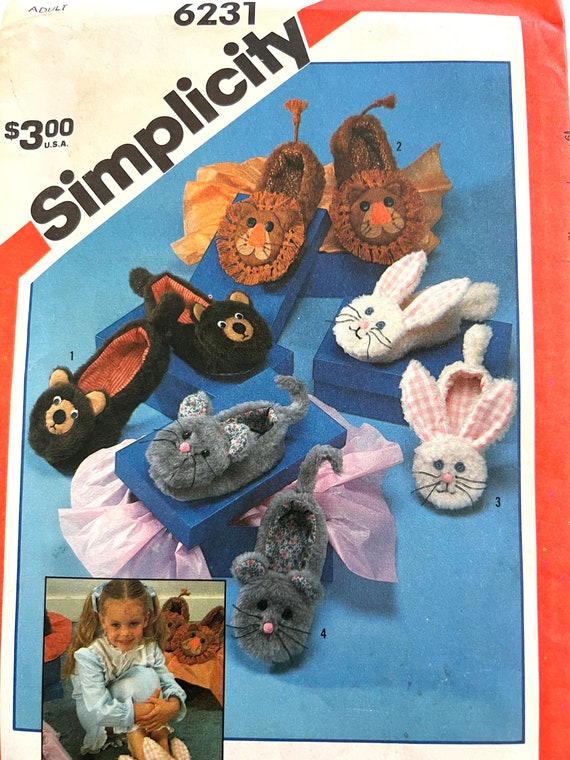 Furry Animal Slippers Simplicity Sewing Pattern 6231 Vintage Footwear Size Adult
