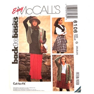 May include: McCall's sewing pattern envelope featuring three fashion ensembles. The cover showcases a woman in a long red skirt, a plaid skirt, and a plaid skirt with a green cardigan. The pattern number is 6106, size G (20,22,24).