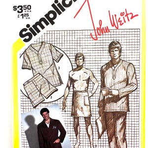 May include: A Simplicity 5163 sewing pattern envelope by John Weitz for a medium size 38-40. The cover features illustrations of a short-sleeve shirt and shorts set, a wrap-around towel, and long-sleeve pajamas, plus a photo of a dark robe.