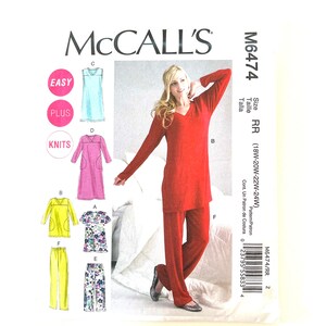 May include: Sewing pattern for a women's knit top and pants. The pattern includes instructions for making a long-sleeved top with a V-neck and a pair of wide-leg pants. The pattern is for sizes 18W-20W-22W-24W. The pattern is called McCall's M6474.