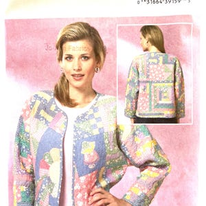 May include: Butterick B4400 sewing pattern for a long-sleeve, collarless quilted jacket. The jacket features a patchwork design with various floral and geometric patterns in pastel pink, blue, yellow, and green colors. Includes front and back views.