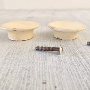 May include: Two off-white ceramic knobs with a raised edge and a screw hole in the center. A silver screw is lying on a white wooden surface.