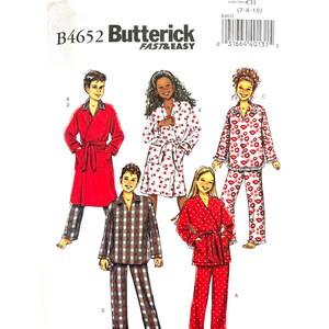 May include: A sewing pattern by Butterick, B4652, featuring pajama and robe designs for children. The cover shows various pajama sets, including a red robe, a white robe with cherries, and red pajamas with white polka dots. The size range is 7-8-10.