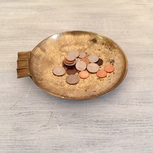 Brass Trinket Dish Coin Change Holder, Mid Century Etched Brass Ashtray Home Decor