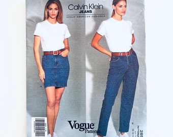 90's Calvin Klein Jeans and Skirt Vogue Sewing Pattern 2850 Denim Jeans Skirt Size 10-12-14 uncut