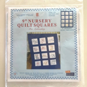 May include: A package containing a set of 12, 9-inch nursery quilt squares for embroidery. The squares feature a variety of adorable puppy designs. The package includes instructions for completing the quilt squares, including the materials needed.