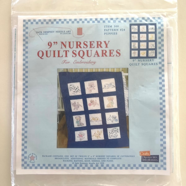 Puppies Nursery Quilt Squares, Jack Dempsey Needle Art Puppy Pattern 9" 1998