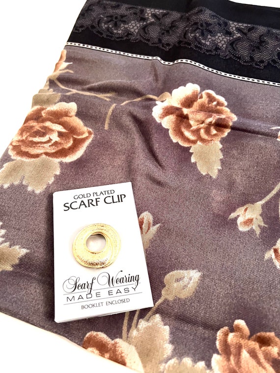 Vintage Scarf with Gold Plated Scarf Clip, Roses … - image 5