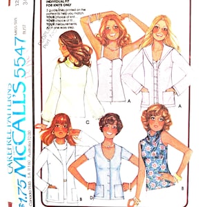 May include: Vintage McCall's 5547 sewing pattern for misses' cardigans and tops. The pattern features illustrations of various top styles, including a white jacket, a blue top, and a floral print top. The pattern includes the text "Knit-Fits".