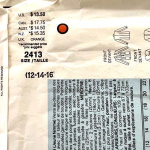 May include: A sewing pattern for a women's pants and jacket. The pattern is for sizes 12, 14, 16, 18, 20, and 22. The pattern is orange and has a price tag of $13.50.