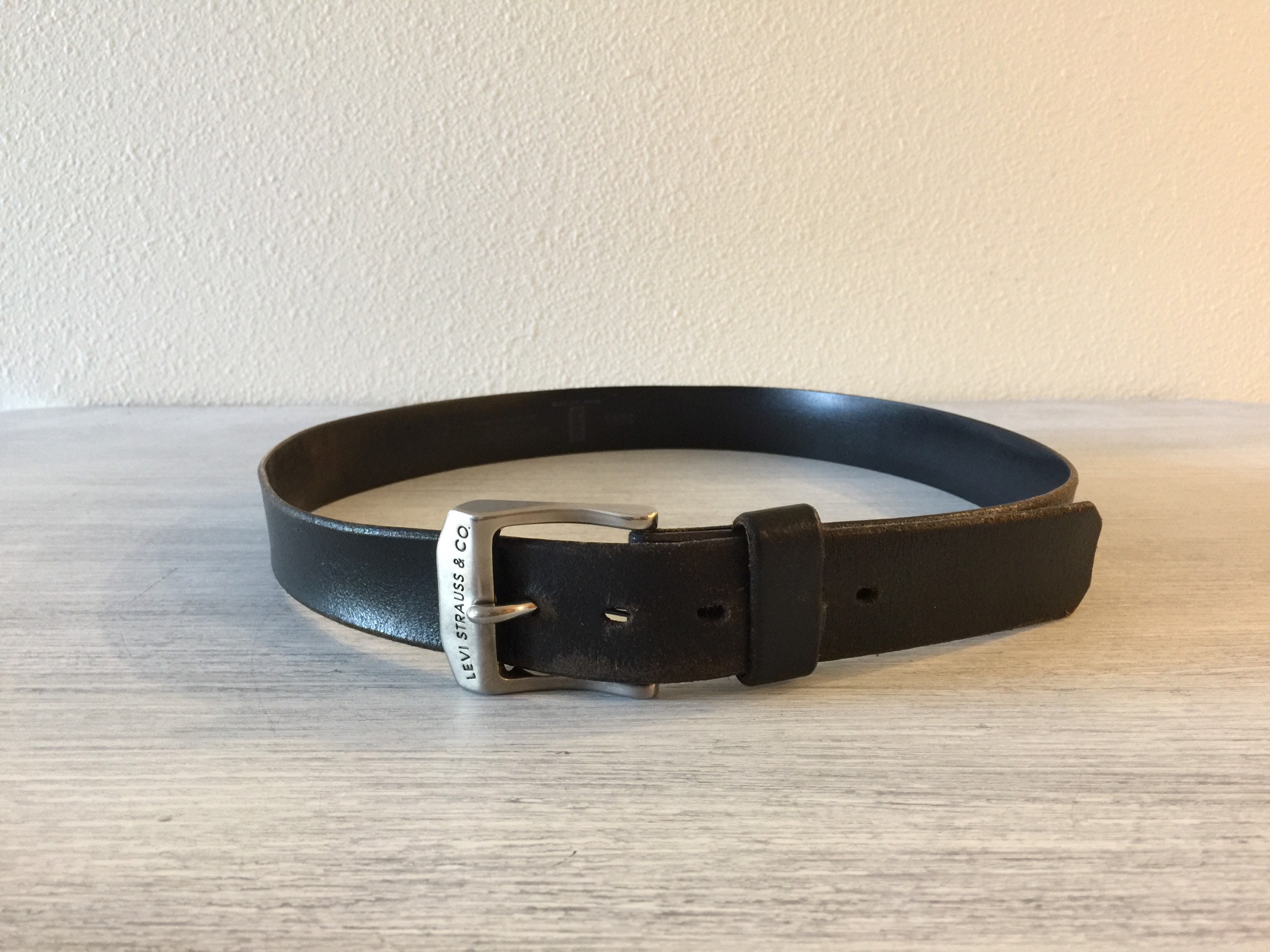 Black Leather Belt and Buckle Levi Strauss, Vintage Italian Black Leather Belt and Buckle Levi Strauss, Vintage Italian
