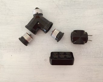 Leviton Adapters Brown Bakelite Plugs, Electrical Socket with Plug and Bulb Adapter Vintage Lighting Supplies Electrical