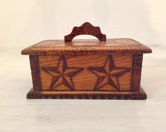 Wooden Trinket Box Hand Carved Wood Jewelry Box with Stars
