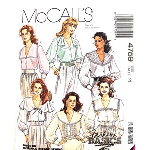 1990&#39;s Women&#39;s Button Down Blouse Sewing Pattern McCall&#39;s 4759 Collar Shirt Size 14 uncut