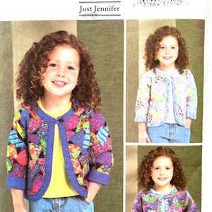 May include: A Butterick sewing pattern, B4055, featuring a young girl modeling a patchwork jacket and other variations. The jacket has a blue trim and button closure. The pattern includes multiple views of the jacket.