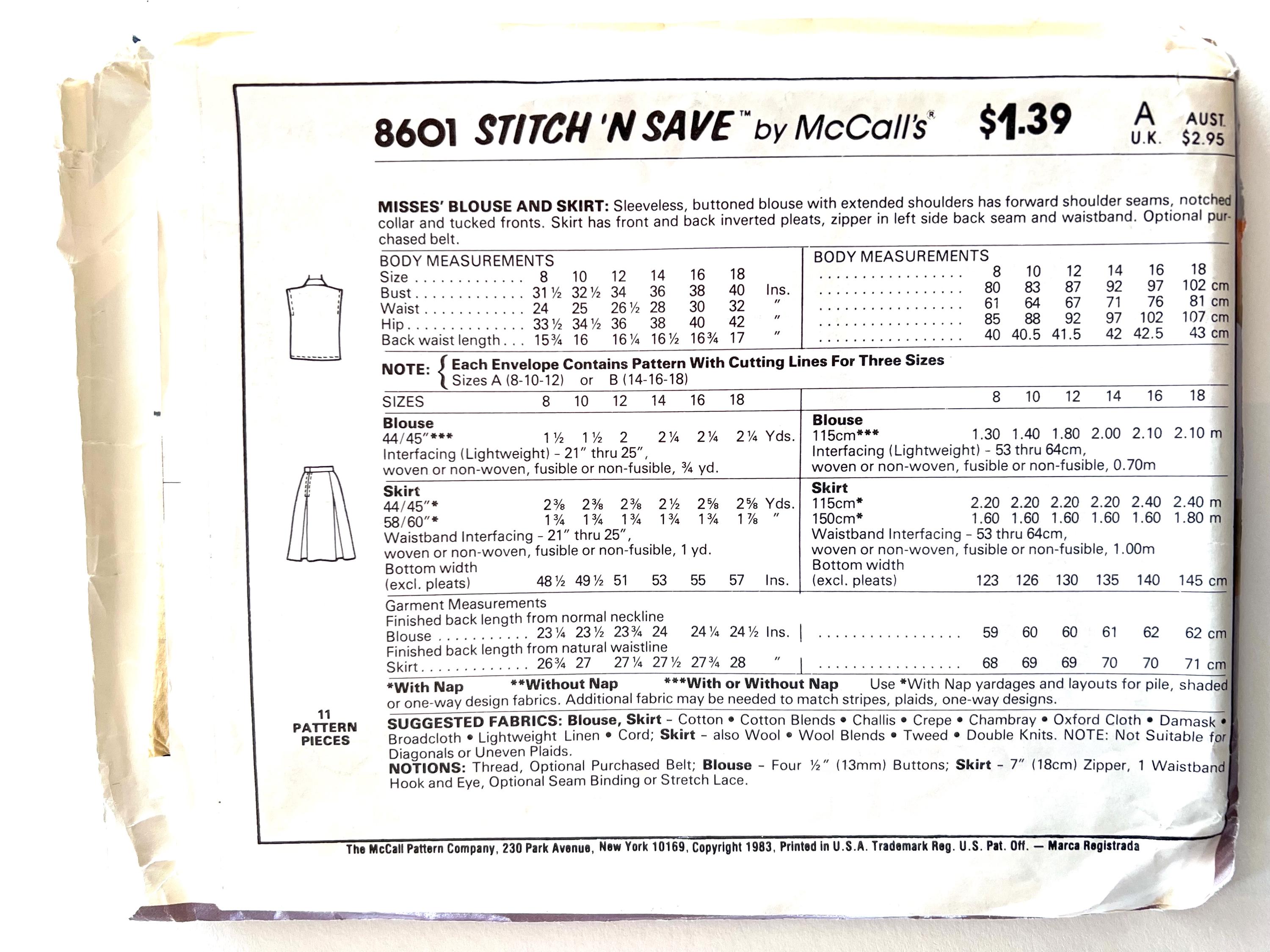 1980's Skirt & Blouse Top Sewing Pattern Mccall's 8601 Size 8-10-12 ...