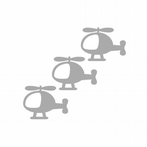 May include: Three gray helicopter illustrations are arranged diagonally on a white background. Each helicopter has a rounded body, a top rotor, and a tail rotor. The design is simple and graphic.