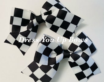 Set of 2 hair bows 4" racing hair bow clip, 4 inch black and white checkered flag hair bow clip, sports car race team toddler pigtail bows