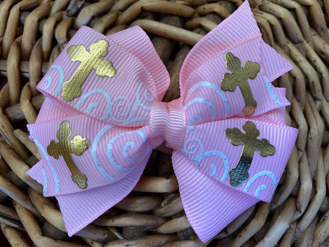 3 Gold Foil Cross on Pink Ribbon Stacked Pinwheel Hair - Etsy