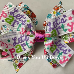 3.5&quot; birthday party foil and glitter hair bow clip, baby toddler teen womens ladies rainbow swirl gifts birthday party favor hair bow clip