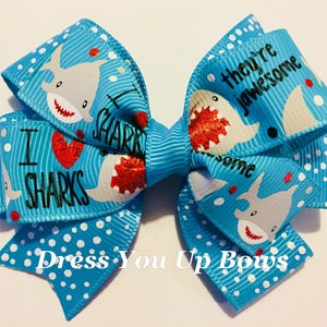 3.5&quot; shark hair bow clip, small hair bow clip, I love sharks ribbon girls toddler turquoise blue hair bow clip