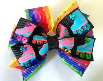 3.5" rainbow roller skates girls hair bow clip, hot pink blue ombre roller skates glitter rainbow ribbon hair bow clip, teen adult hair bow