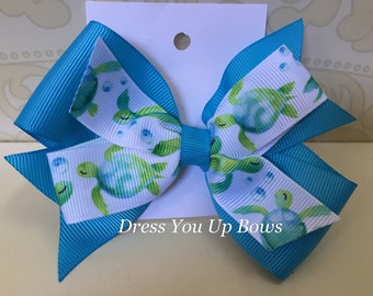 4" turtle hair bow clip, green and blue watercolor turtle printed ribbon hair bow clip, baby toddler teen adult turtle hair bow clip