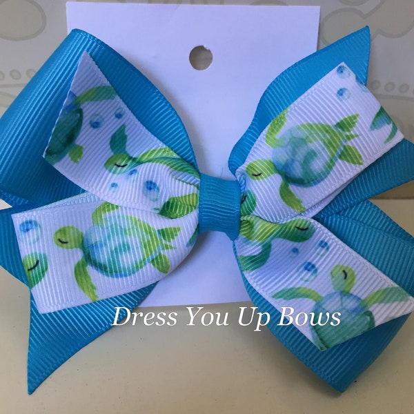 4" turtle hair bow clip, green and blue watercolor turtle printed ribbon hair bow clip, baby toddler teen adult turtle hair bow clip