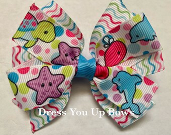 Pinza para el pelo de boutique para niñas, de 8,9 cm, con diseño de tortuga, delfín y estrella de mar, ideal para bebés, niños pequeños y adolescentes, ideal para verano, playa, océano y arcoíris.