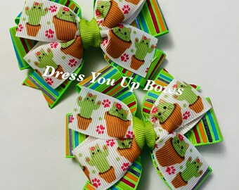 Set of 2 hair bows 3.5" green cactus cat print ribbon striped hair bow clip