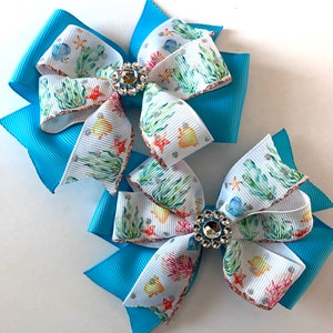 4 glitter starfish ocean kelp blue fish turquoise stacked hair bow clip, 4 inch beach girls ribbon hair bow, baby toddler teen beach bow image 2