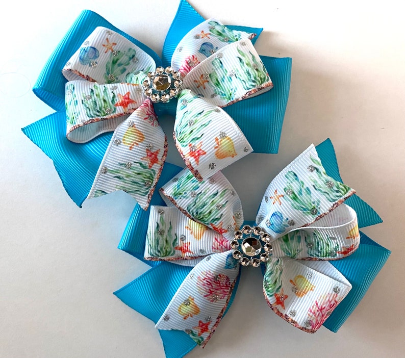 4 glitter starfish ocean kelp blue fish turquoise stacked hair bow clip, 4 inch beach girls ribbon hair bow, baby toddler teen beach bow image 2