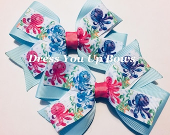 set of 2 hair bows, 4" octopus hair bow clip, 4 inch octopus birthday hair bow clip, hot pink and blue octopus watercolor ribbon beach bow